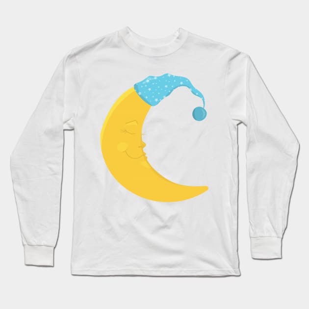 Sleeping Moon, Yellow Moon, Cute Moon, Nightcap Long Sleeve T-Shirt by Jelena Dunčević